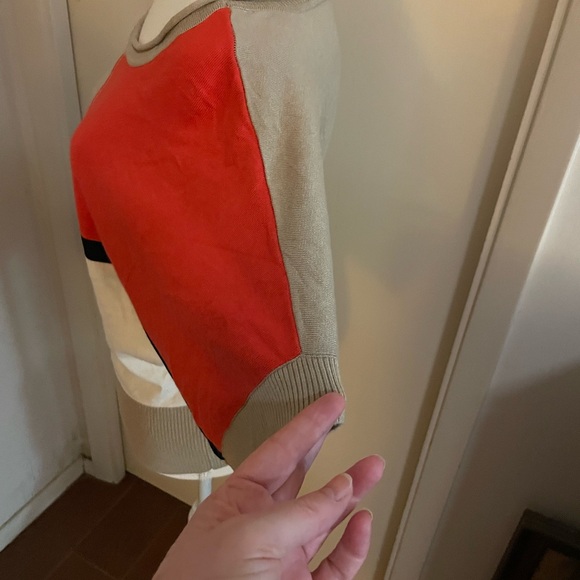 Catch My I tan white sweater Size LG short sleeve rayon Colorblock round neck - Picture 7 of 13